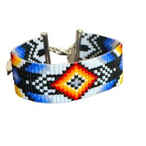 Handwoven loom cuff panel bracelet adjustable seed bead Native American motif